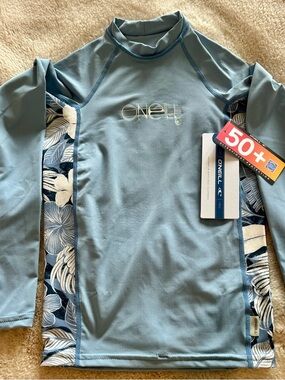O'Neill Kids Long Sleeve Rash Guard - Dusty Blue with Floral Panels